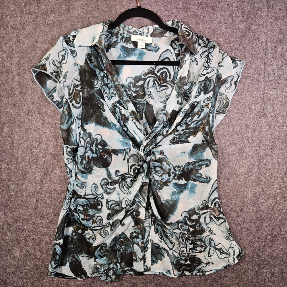 Womens Blue Abstract Knot Front Sheer Blouse Office Ethereal Modern Sz L READ